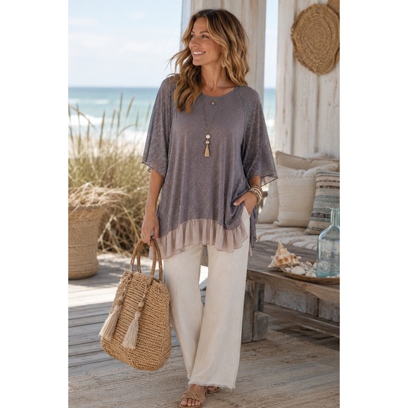 indigo soul Tops - Indigo Soul Grey & Beige Layered Top - XL